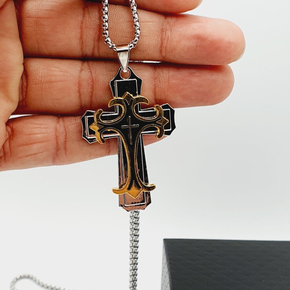 ❤️ Stainless Steel Retro Layered Cross Necklace , N90201P120 - Picture 12 of 13